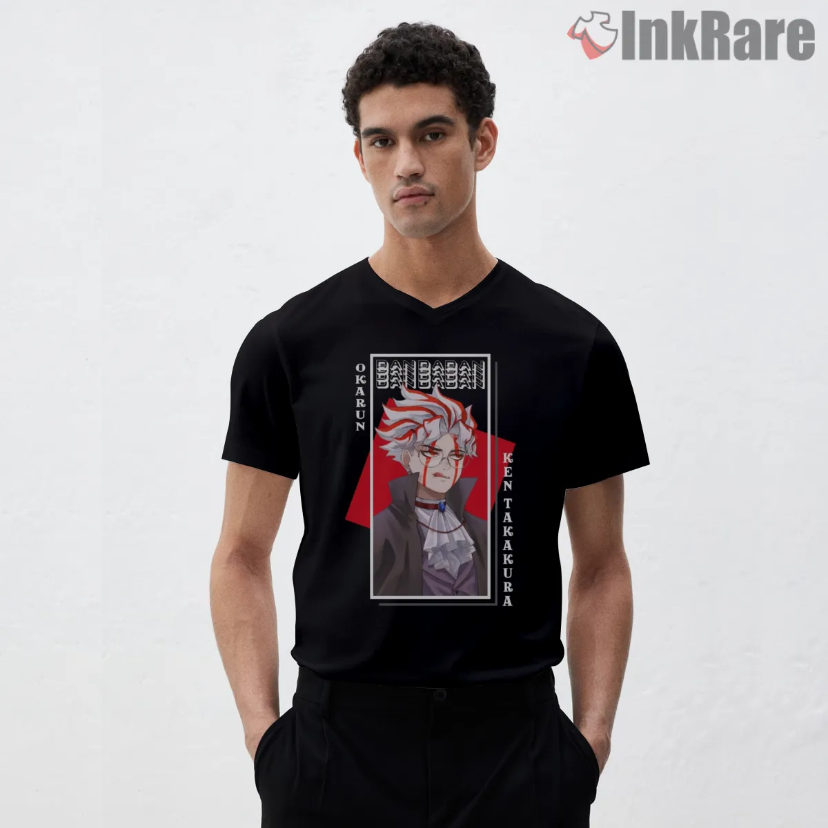 Okarun Ken Takakura Anime Portrait Graphic V Neck Black Okarun Ken Takakura Anime Portrait Graphic Shirt on black v-neck shirt for men graphic tee