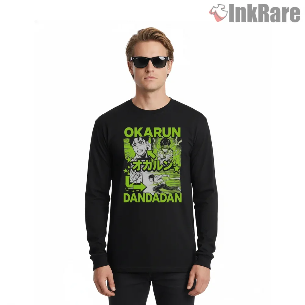 Okarun Manga Panel Action Collage Shirt on black long sleeve shirt for men graphic tee