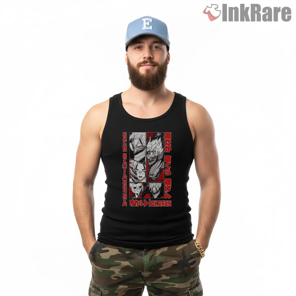 Okarun Manga Panel Horror Transformation Shirt on black tank top for men graphic tee