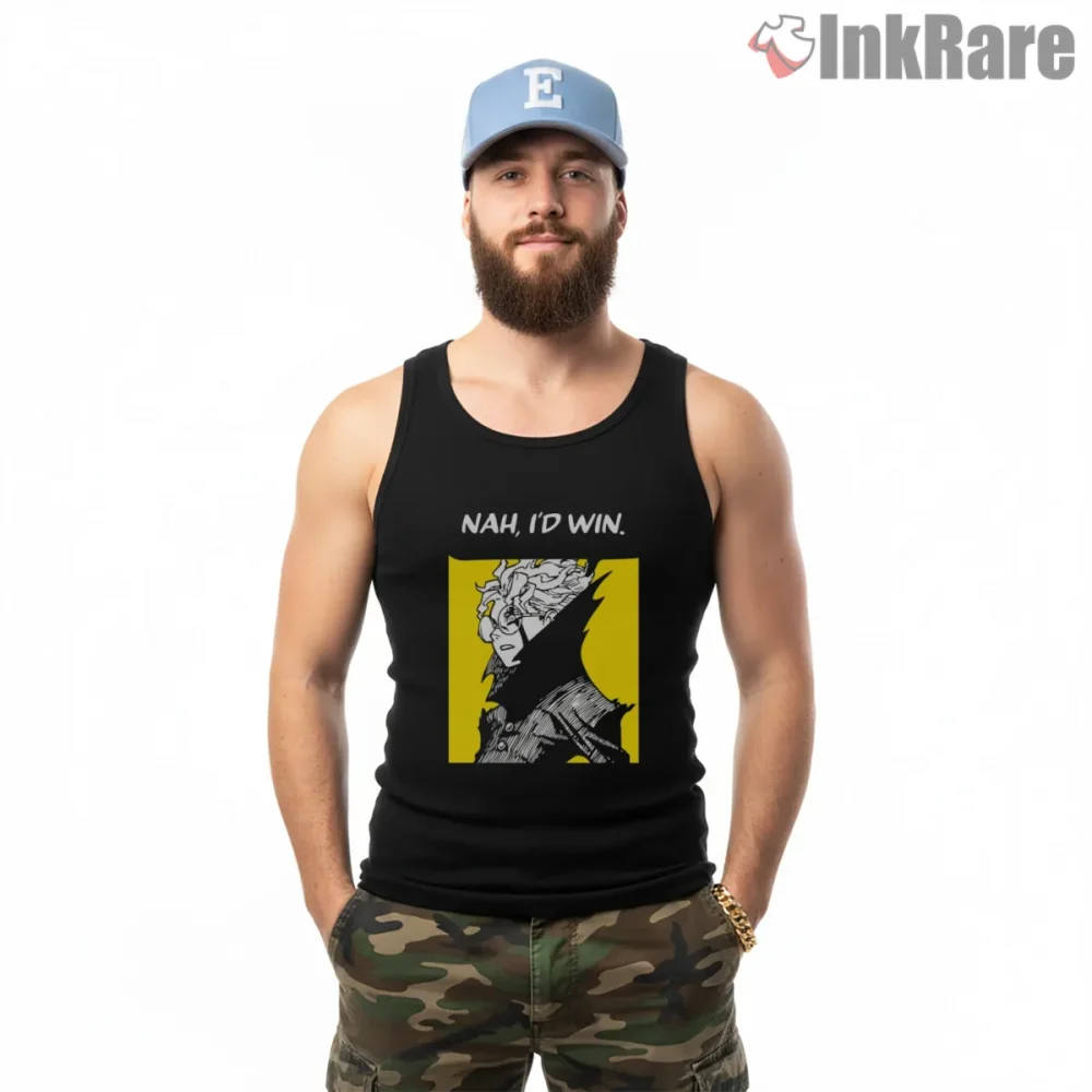 Okarun Nah Id Win Anime Meme Shirt on black tank top for men graphic tee