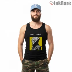 Okarun Nah Id Win Anime Meme Shirt on black tank top for men graphic tee