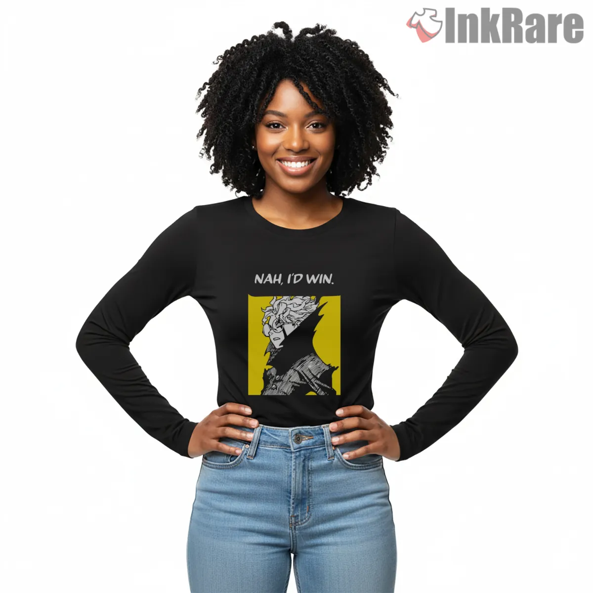 Okarun Nah Id Win Anime Meme Shirt on black long sleeve shirt for women graphic tee