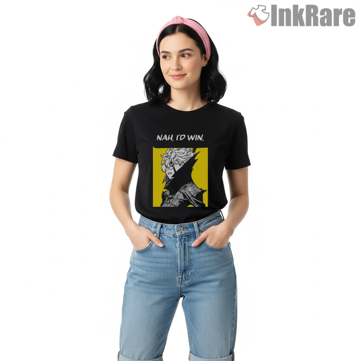 Okarun Nah Id Win Anime Meme Short Sleeve Black Okarun Nah Id Win Anime Meme Shirt on black short sleeve shirt for women graphic tee