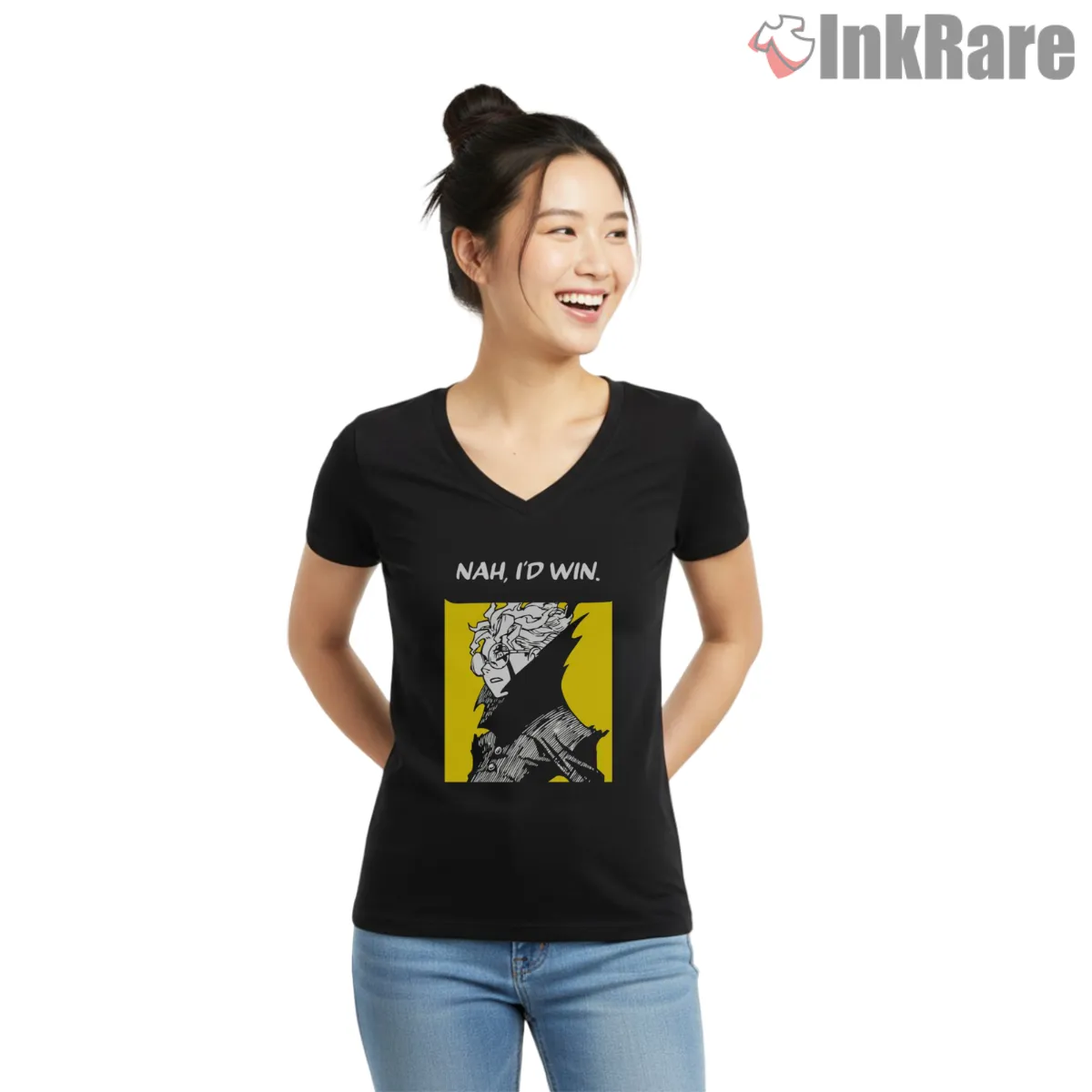 Okarun Nah Id Win Anime Meme V Neck Black Okarun Nah Id Win Anime Meme Shirt on black v-neck shirt for women graphic tee