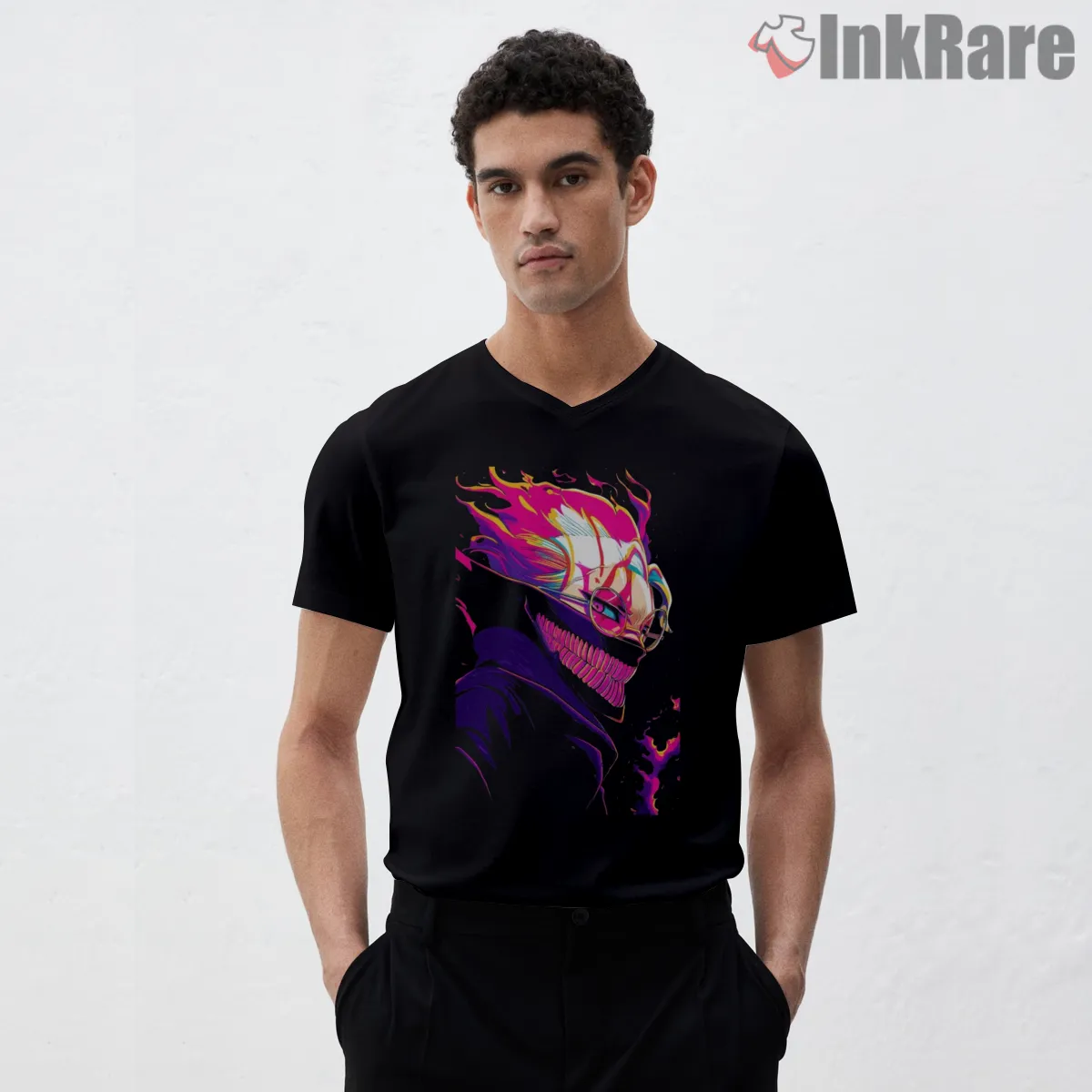 Okarun Neon Chaos Anime Portrait V Neck Black Okarun Neon Chaos Anime Portrait Shirt on black v-neck shirt for men graphic tee