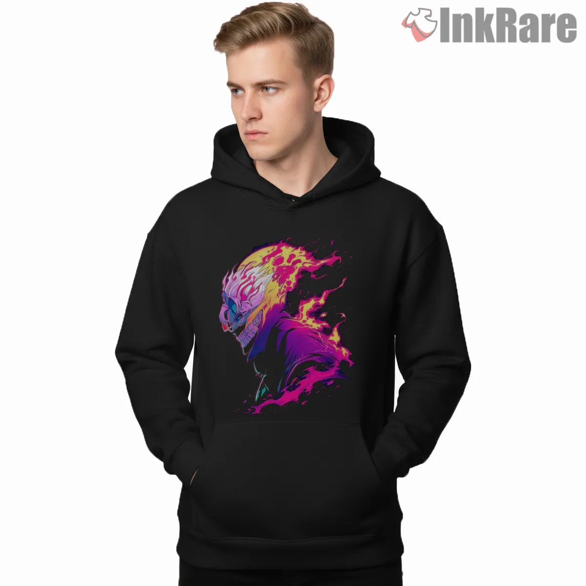Okarun Neon Flame Transformation Anime Hoodie Black Okarun Neon Flame Transformation Anime Shirt on black hoodie for men graphic tee