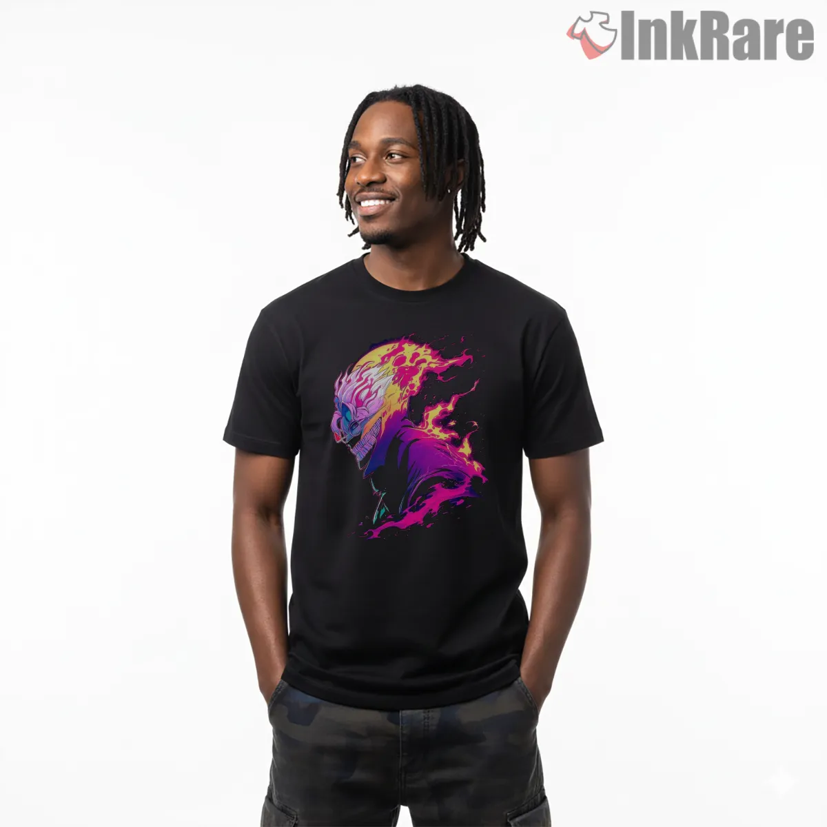 Okarun Neon Flame Transformation Anime Short Sleeve Black Okarun Neon Flame Transformation Anime Shirt on black short sleeve shirt for men graphic tee