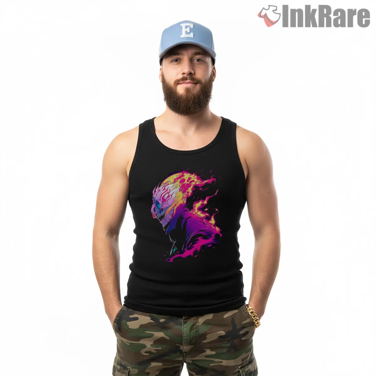 Okarun Neon Flame Transformation Anime Tank Top Black Okarun Neon Flame Transformation Anime Shirt on black tank top for men graphic tee
