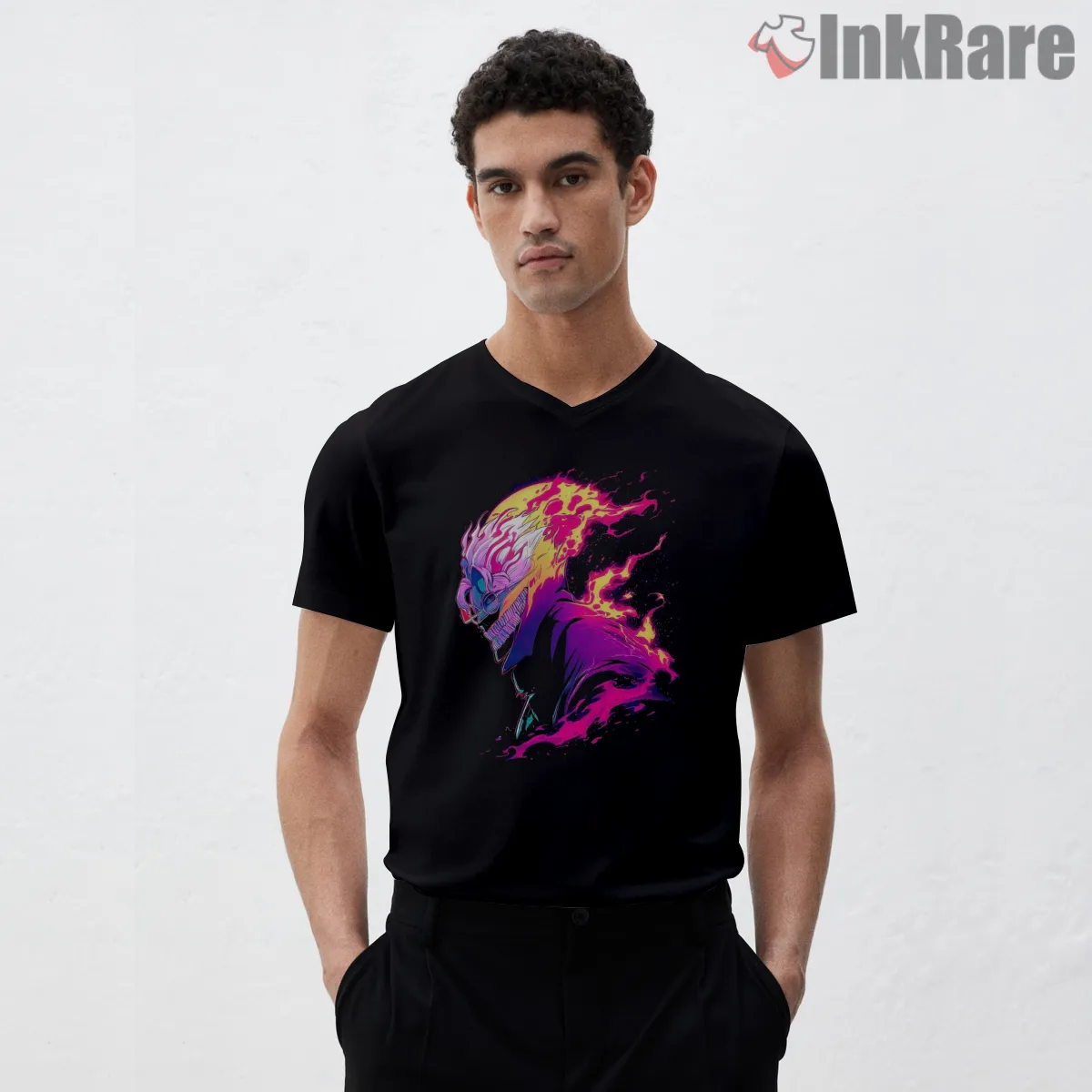 Okarun Neon Flame Transformation Anime V Neck Black Okarun Neon Flame Transformation Anime Shirt on black v-neck shirt for men graphic tee