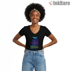 Okarun Psychedelic Panic Horror Anime Shirt on black v-neck shirt for women graphic tee