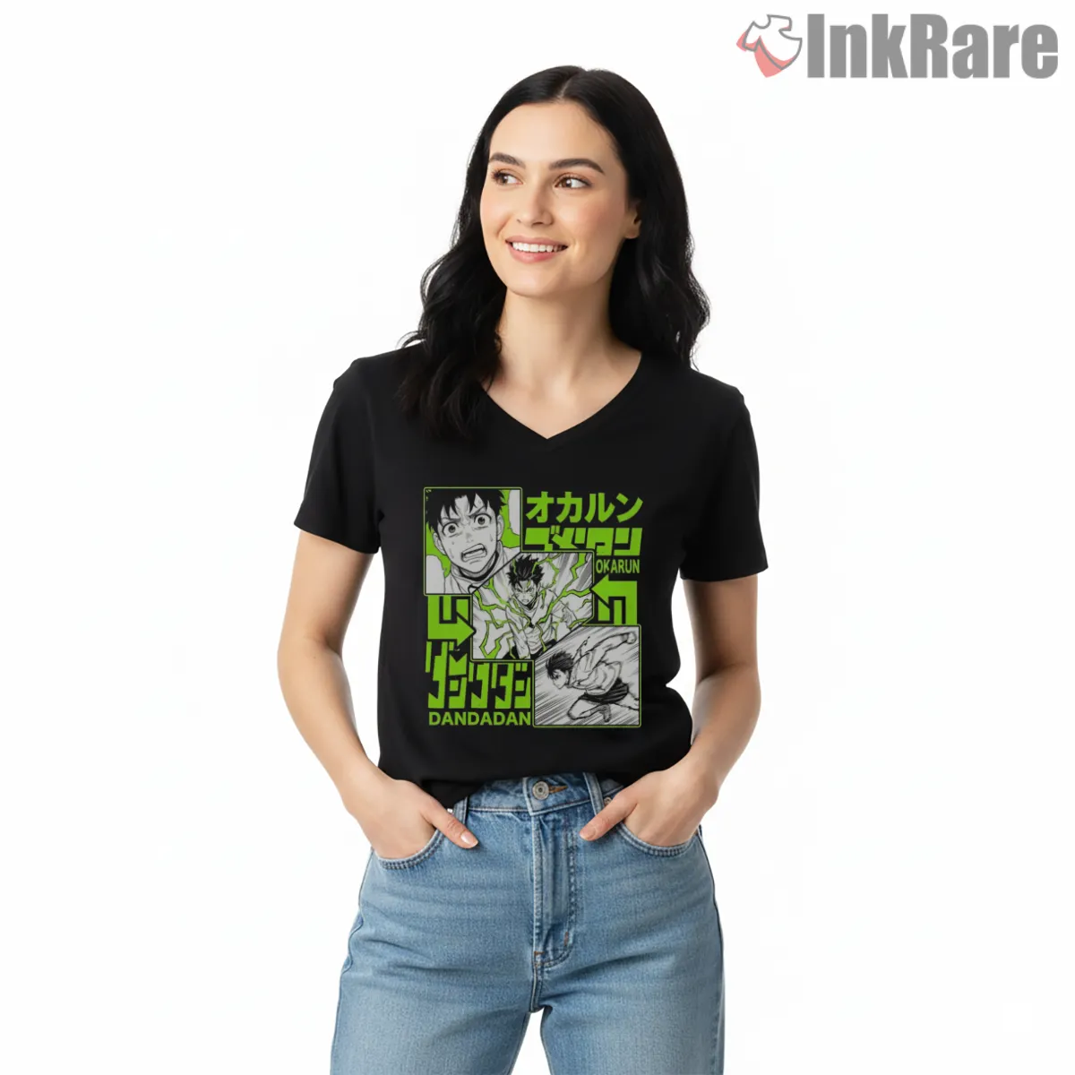Okarun Psychic Awakening Manga Panel Collage V Neck Black Okarun Psychic Awakening Manga Panel Collage Shirt on black v-neck shirt for women graphic tee