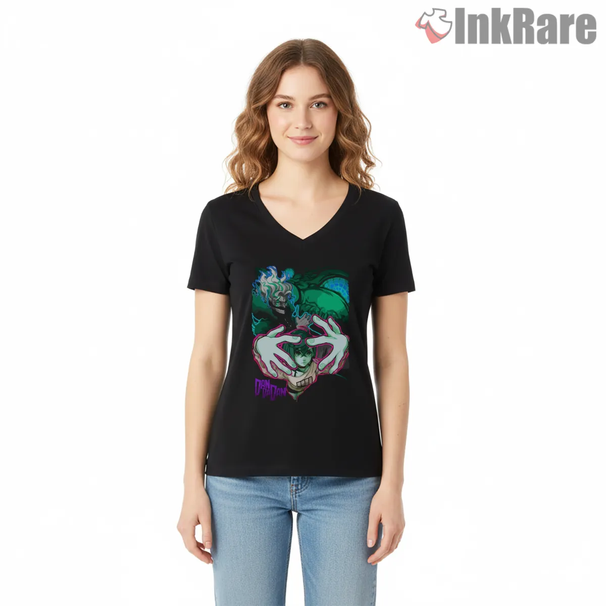 Okarun Psychic Spirit Vision Anime Art V Neck Black Okarun Psychic Spirit Vision Anime Art Shirt on black v-neck shirt for women graphic tee