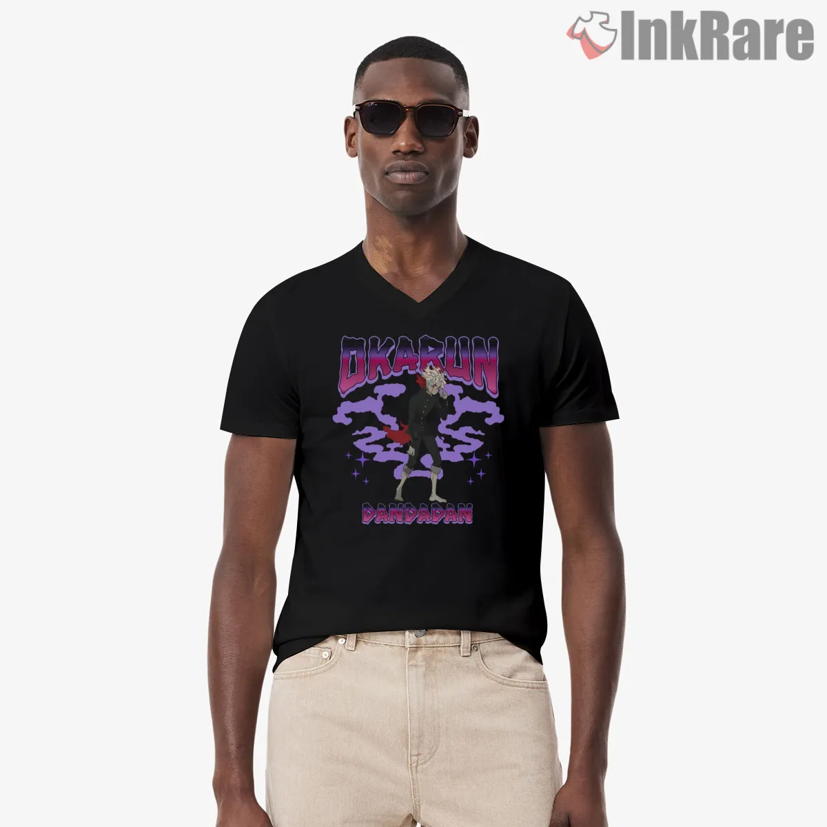 Okarun Retro Anime Poster Graphic Shirt on black v-neck shirt for men graphic tee