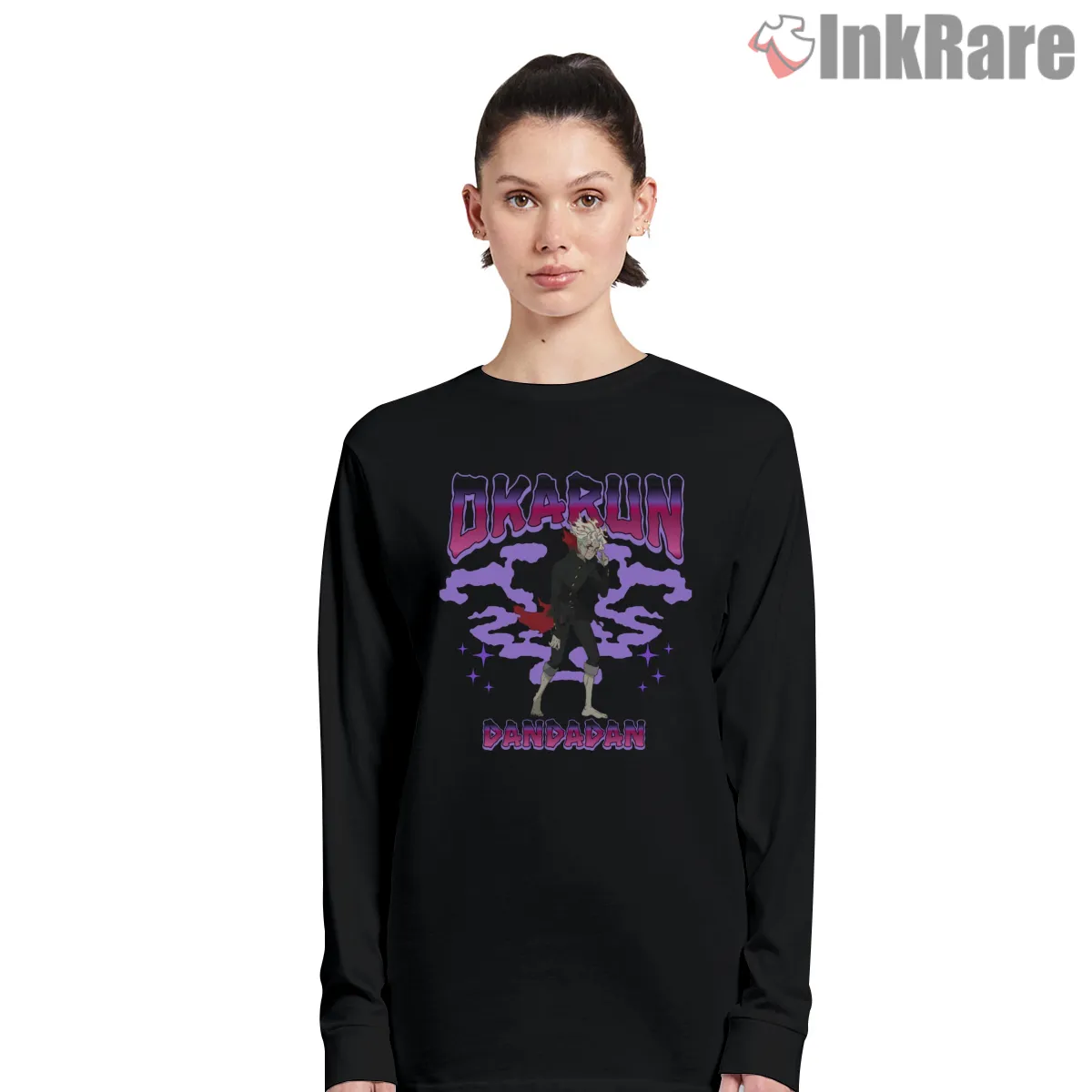 Okarun Retro Anime Poster Graphic Long Sleeve Black Okarun Retro Anime Poster Graphic Shirt on black long sleeve shirt for women graphic tee