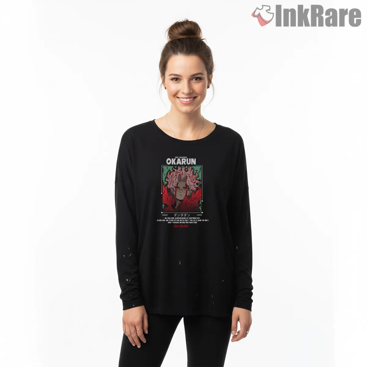 Okarun Supernatural Flame Portrait Anime Shirt on black long sleeve shirt for women graphic tee