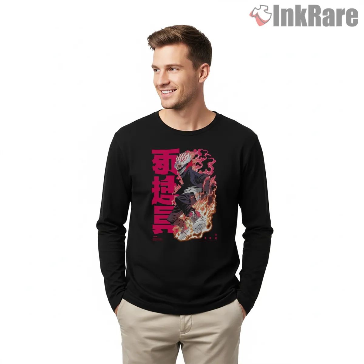 Okarun Turbo Form Fire Aura Anime Long Sleeve Black Okarun Turbo Form Fire Aura Anime Shirt on black long sleeve shirt for men graphic tee
