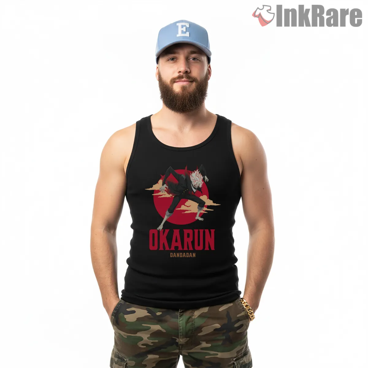 Okarun Turbo Form Red Moon Anime Tank Top Black Okarun Turbo Form Red Moon Anime Shirt on black tank top for men graphic tee