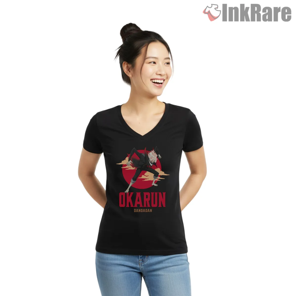 Okarun Turbo Form Red Moon Anime V Neck Black Okarun Turbo Form Red Moon Anime Shirt on black v-neck shirt for women graphic tee