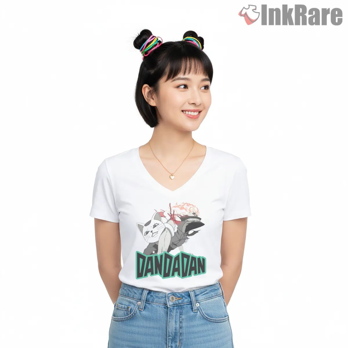 Okarun Turbo Granny Cat Chaos Anime V Neck White Okarun Turbo Granny Cat Chaos Anime Shirt on white v-neck shirt for women graphic tee