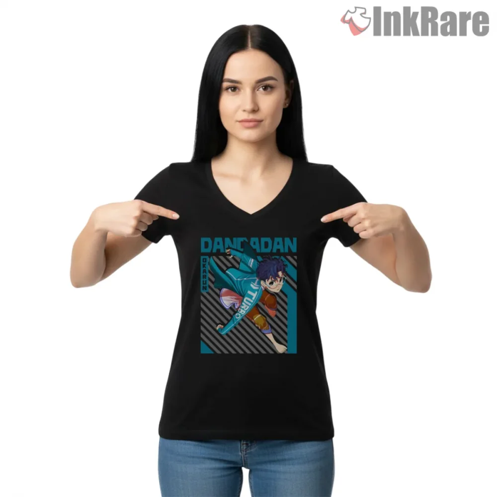 Okarun Turbo Speed Anime Action Shirt on black v-neck shirt for women graphic tee
