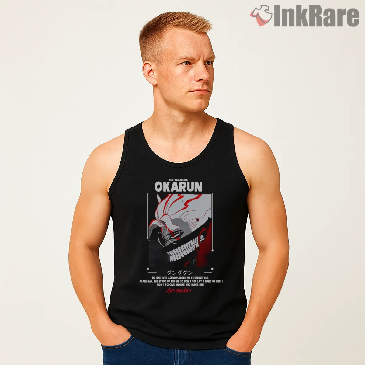 Okarun Yokai Mask Transformation Anime Tank Top Black Okarun Yokai Mask Transformation Anime Shirt on black tank top for men graphic tee