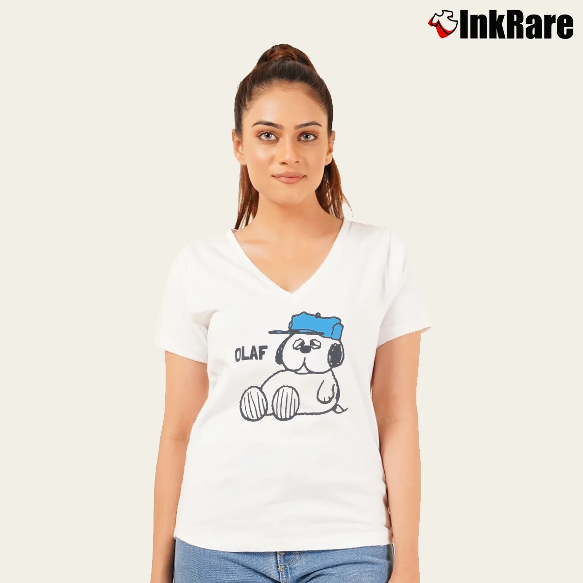 Olaf Spaced Out Snoopy Women’s V-Neck Tee in white – Flattering Fit Women’s Olaf Spaced Out Snoopy V-Neck Tee in white | Chic Neckline, Soft Texture