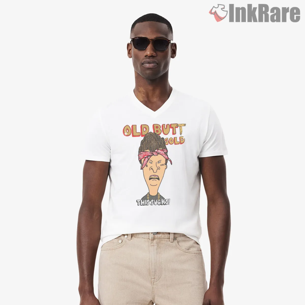 Old But Gold Butthead Hip Hop Style V Neck White Old But Gold Butthead Hip Hop Style Shirt on white v-neck shirt for men graphic tee