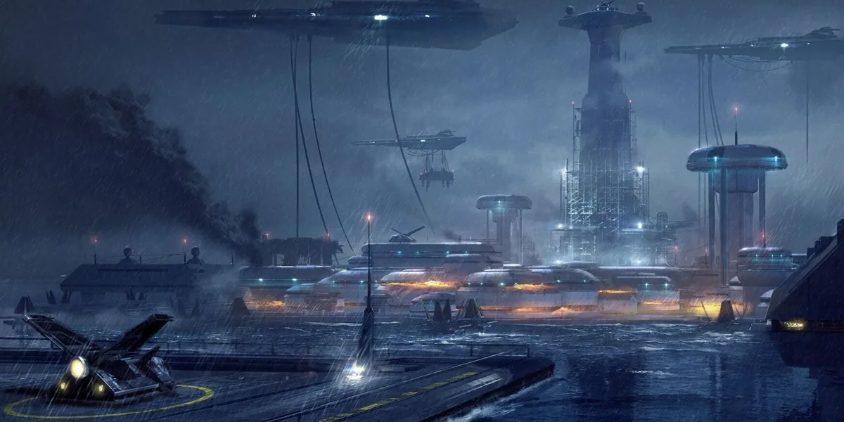 Old Republic era galactic capital city showing large scale infrastructure and power