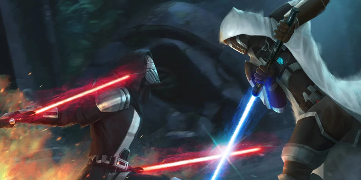 Jedi and Sith confrontation representing ideological conflict in the Old Republic era