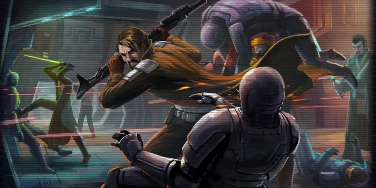 Old Republic Jedi warrior fighting during a major galactic conflict