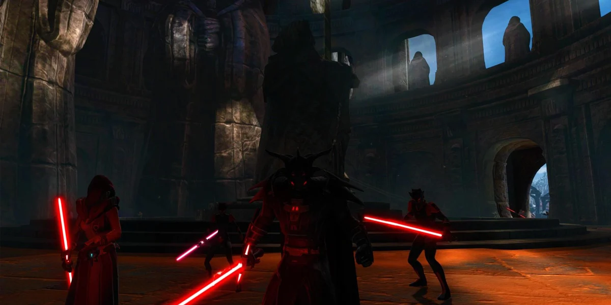 Sith warriors gathered inside an ancient temple during the Old Republic era