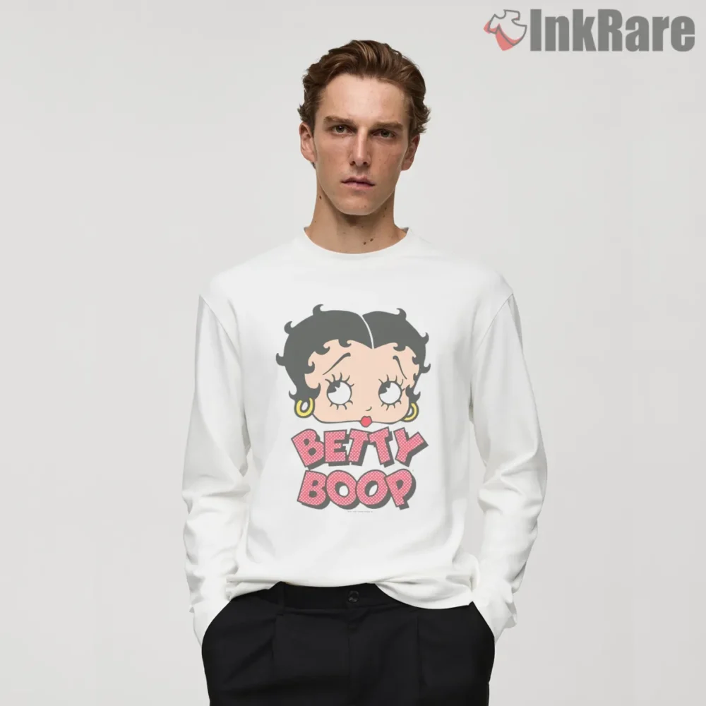 Old School Betty Boop Face Logo Shirt on white long sleeve shirt for men graphic tee