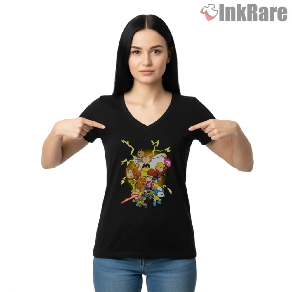 Old School Mutants Meet Snoopy And Peanuts Gang Mashup Shirt on black v-neck shirt for women graphic tee
