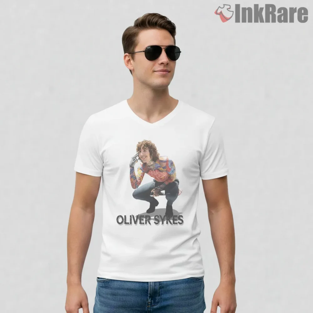 Oliver Sykes Color Splash Tribute Shirt on white v-neck shirt for men graphic tee