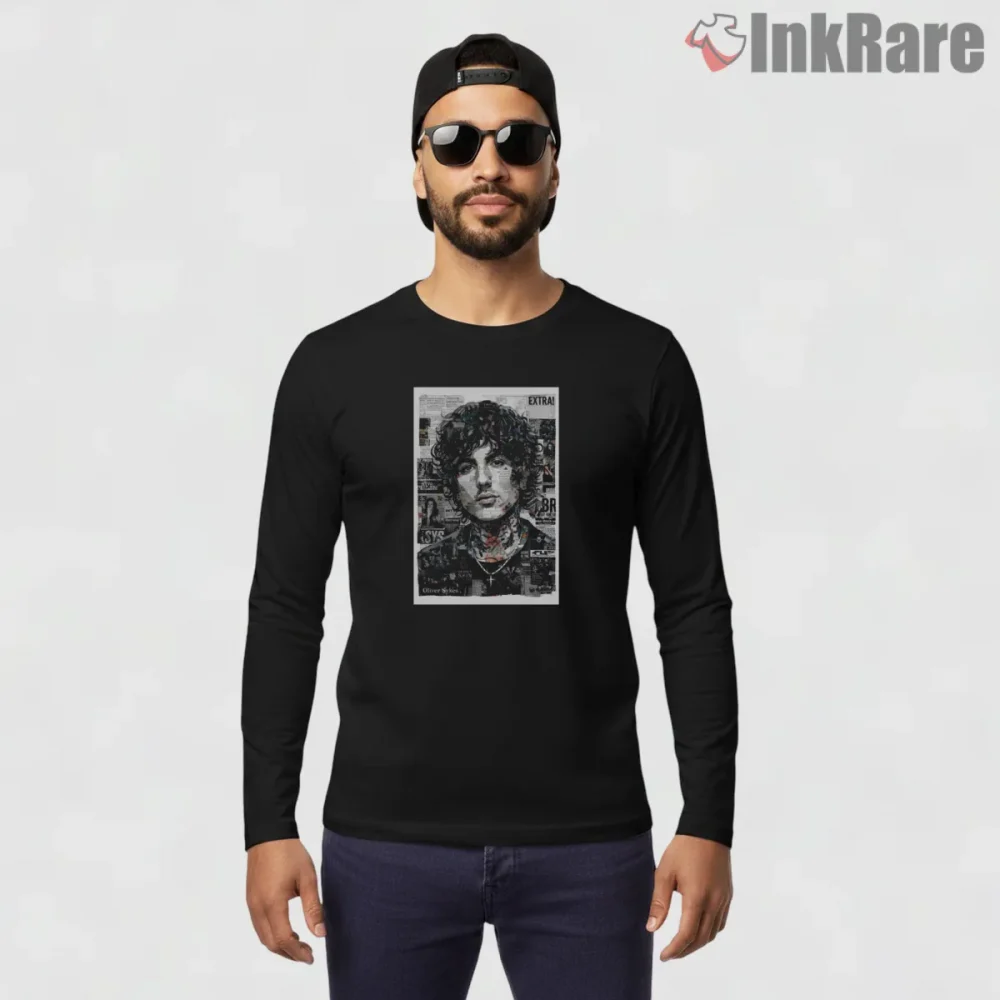Oliver Sykes Grunge Newspaper Portrait Shirt on black long sleeve shirt for men graphic tee