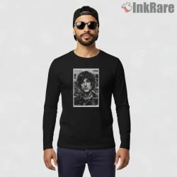 Oliver Sykes Grunge Newspaper Portrait Shirt on black long sleeve shirt for men graphic tee