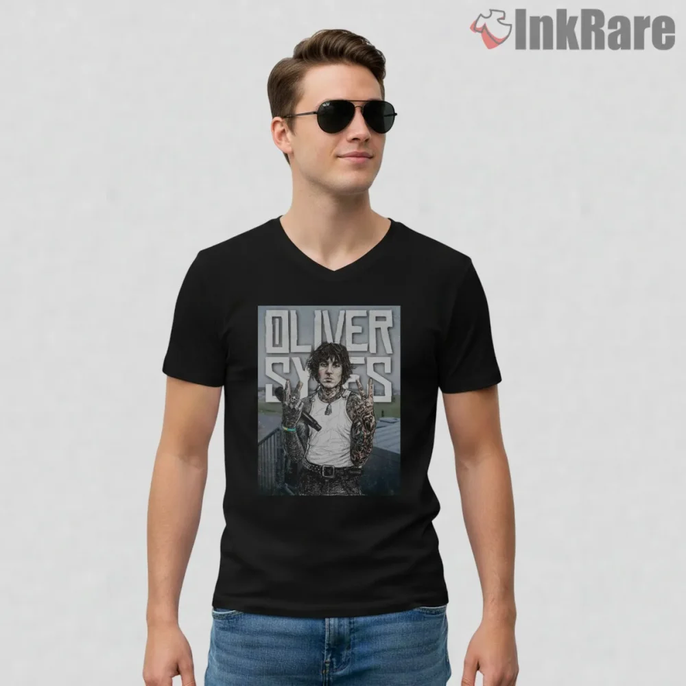 Oliver Sykes Urban Grunge Portrait Shirt on black v-neck shirt for men graphic tee