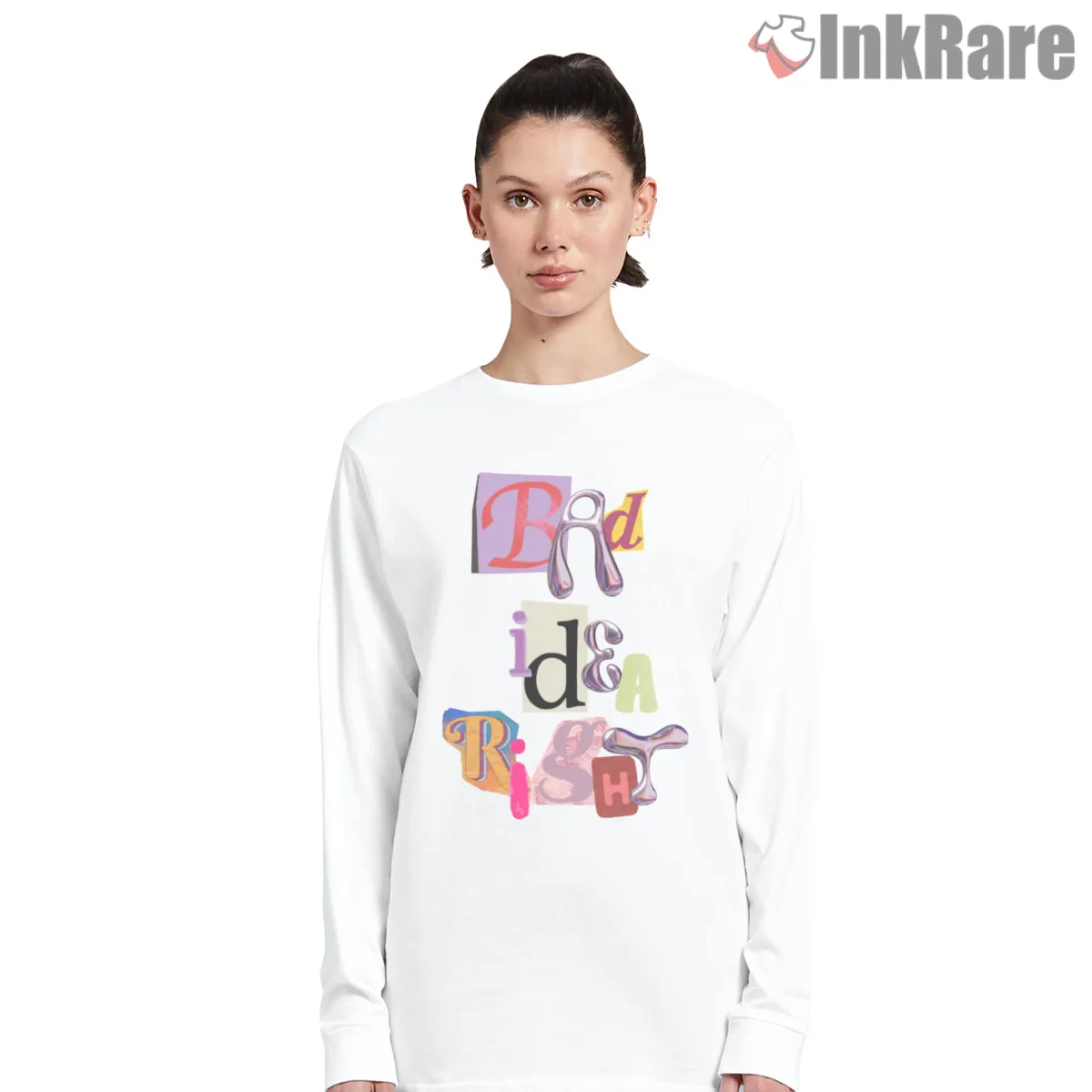 Olivia Rodrigo Bad Idea Right Scrapbook Letter Art Long Sleeve White Olivia Rodrigo Bad Idea Right Scrapbook Letter Art Shirt on white long sleeve shirt for women graphic tee