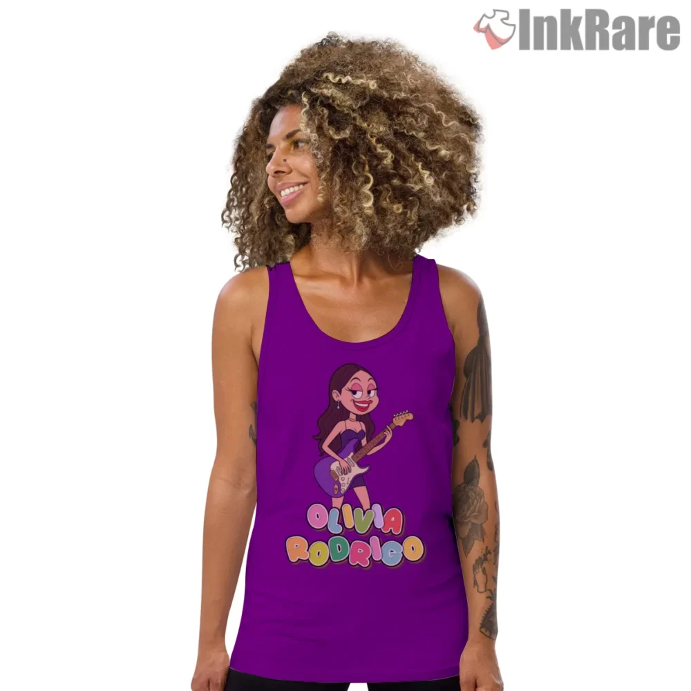 Olivia Rodrigo Cartoon Guitar Cutie Fan Art Shirt on purple tank top for women graphic tee