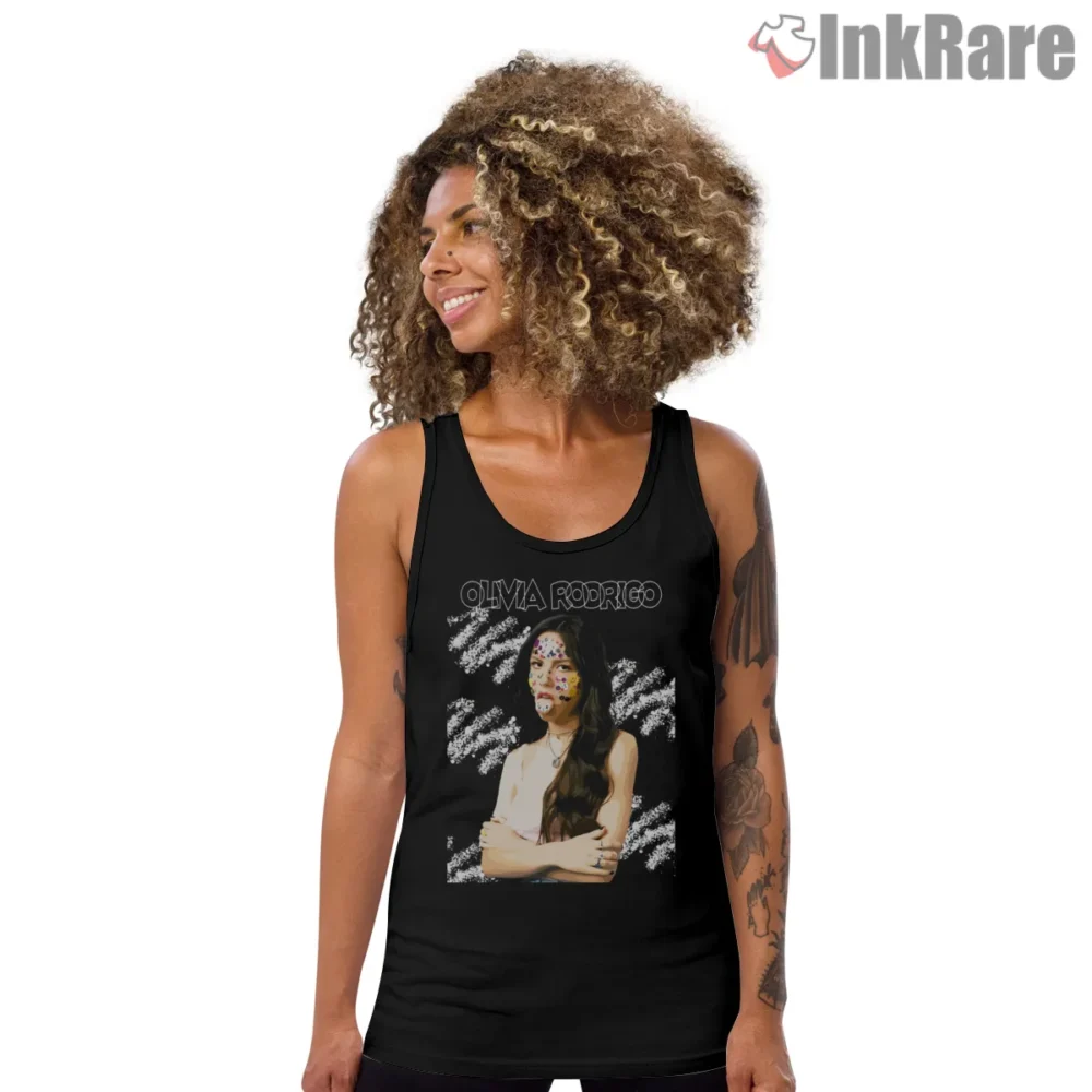 Olivia Rodrigo Confetti Sticker Face Singer Portrait Shirt on black tank top for women graphic tee