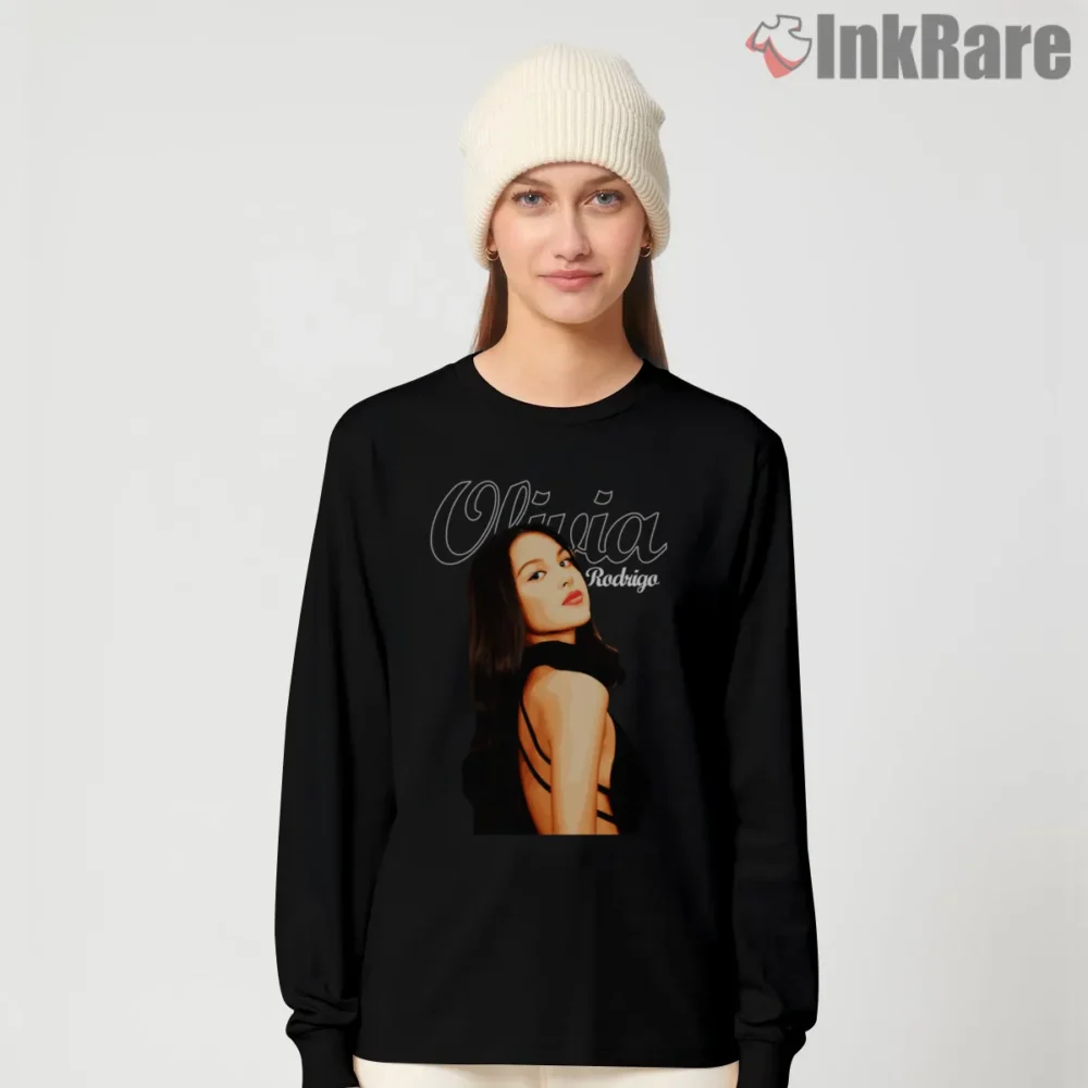 Olivia Rodrigo Elegant Black Dress Vector Portrait Shirt on black long sleeve shirt for women graphic tee