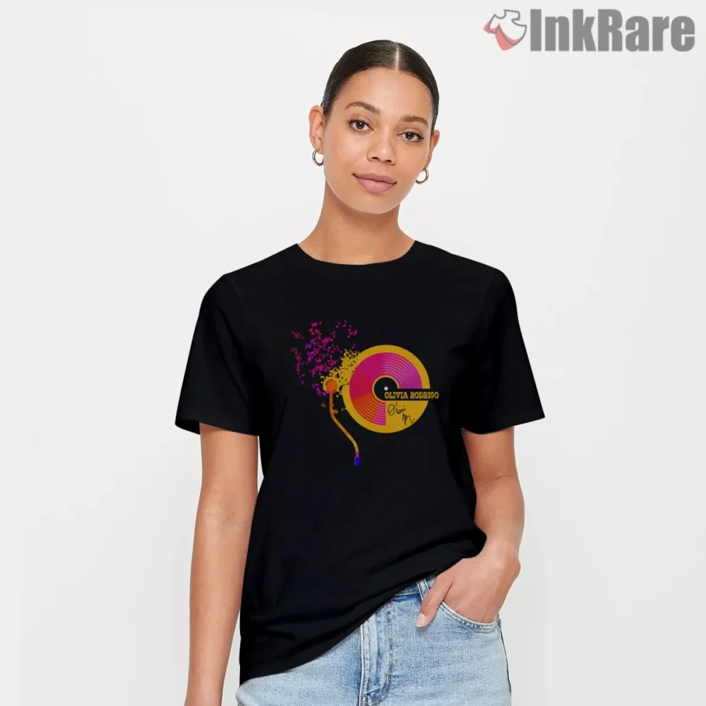 Olivia Rodrigo Floral Vinyl Record Player Art Shirt on black short sleeve shirt for women graphic tee