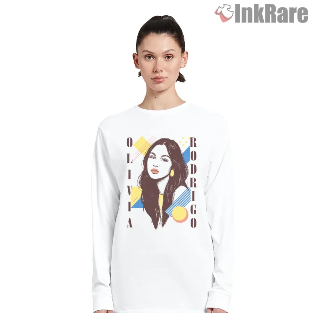 Olivia Rodrigo Geometric 80s Pattern Fan Art Portrait Shirt on white long sleeve shirt for women graphic tee