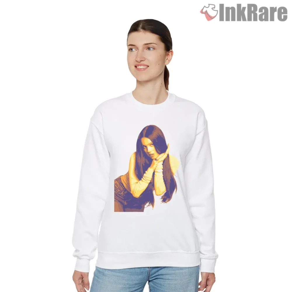 Olivia Rodrigo Golden Retro Attitude Portrait Shirt on graphic shirt for women graphic tee