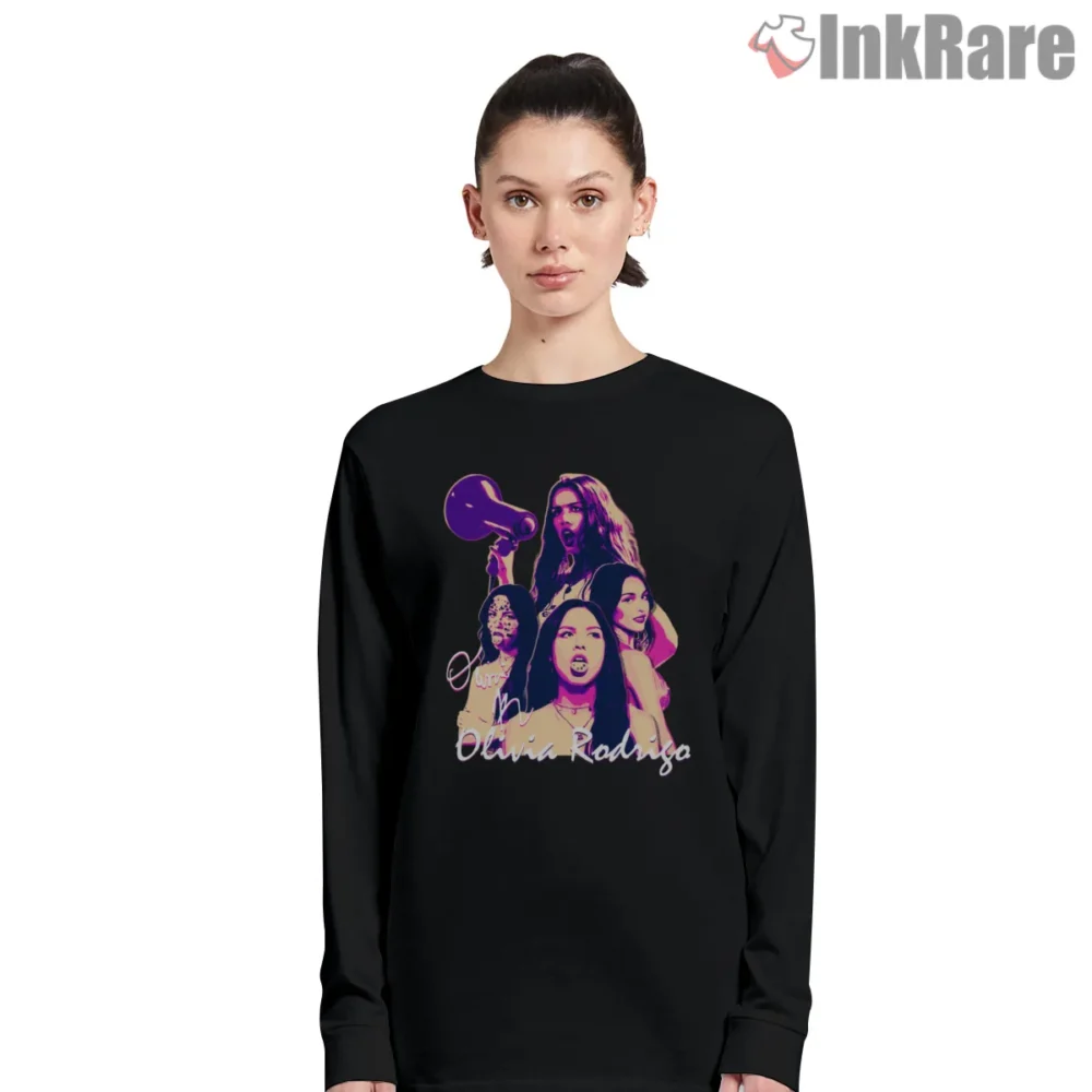 Olivia Rodrigo Guts Era Megaphone Collage Shirt on black long sleeve shirt for women graphic tee