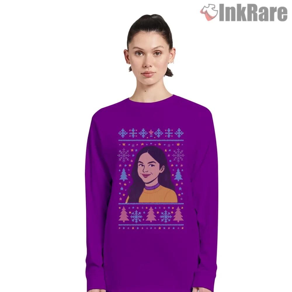 Olivia Rodrigo Holiday Sweater Cartoon Winter Portrait Shirt on purple long sleeve shirt for women graphic tee