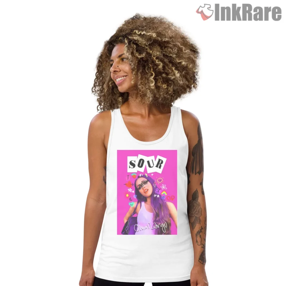 Olivia Rodrigo Hot Pink Sour Era Bubblegum Collage Shirt on white tank top for women graphic tee