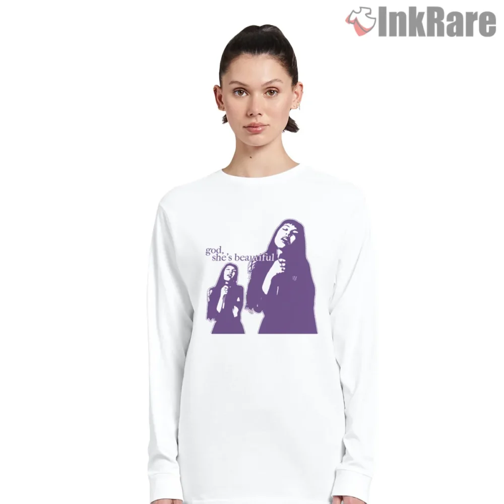 Olivia Rodrigo Is Beautiful Purple Spotlight Live Shirt on white long sleeve shirt for women graphic tee
