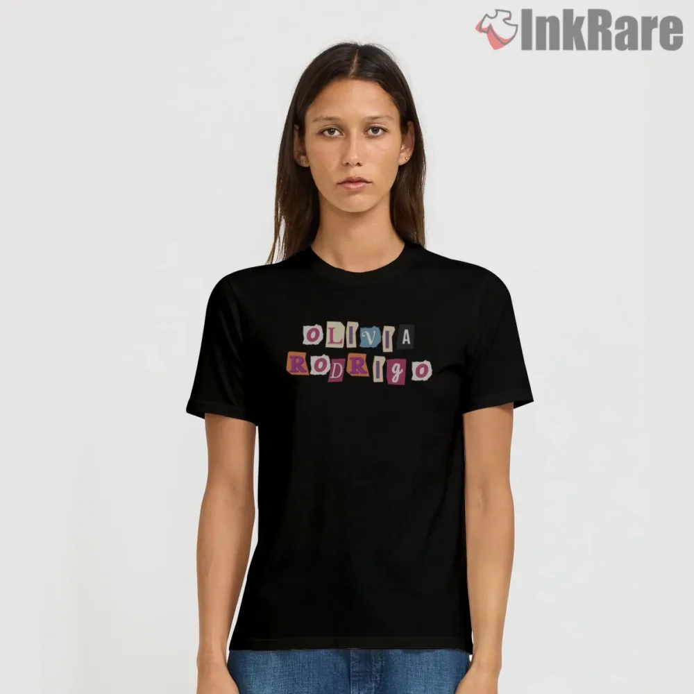 Olivia Rodrigo Kids Retro Cutout Letters Name Shirt on black short sleeve shirt for women graphic tee