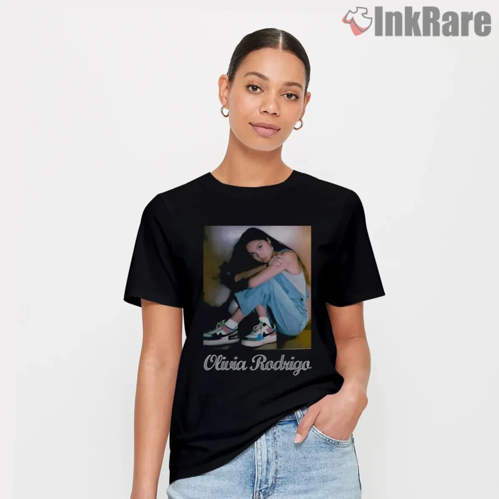 Olivia Rodrigo Moody Sitting Portrait Streetwear Shirt on black short sleeve shirt for women graphic tee